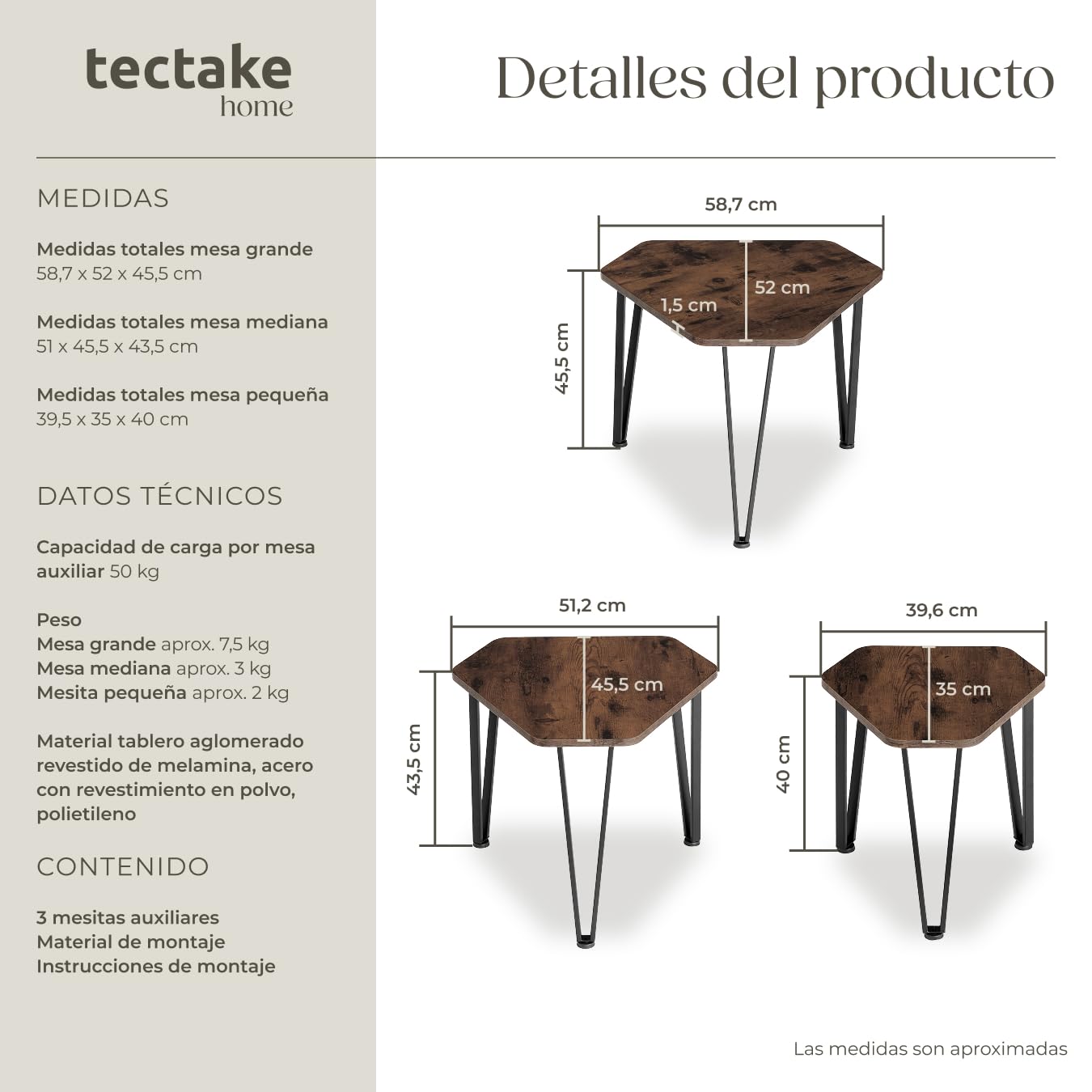 tectake® Juego de 3 Mesas Auxiliares, Ideales como Muebles, Mesa de Centro o Mesa Auxiliar Salon, Mesitas de Noche, Decoracion Hogar - 58,7 x 52 x 45,5 cm Madera Industrial Oscura, Rústica