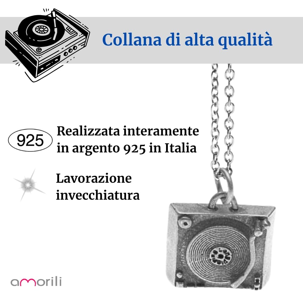 Collana Uomo Donna con Giradischi Vintage – Ciondolo in Argento 925 Invecchiato – Idea Regalo Amanti Musica Vinile Rock Retro - cln0188