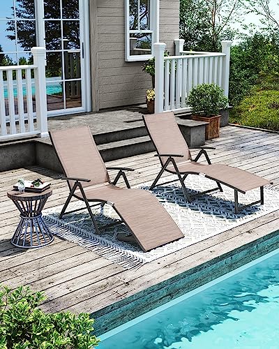 Pellebant Outdoor Chaise Lounge Set of 2, Aluminum Pool Lounge Chairs with Adjustable Backrest & Footrest, Foldable Pool Loungers for Beach, Poolside, Deck, Patio(2pcs, Espresso)