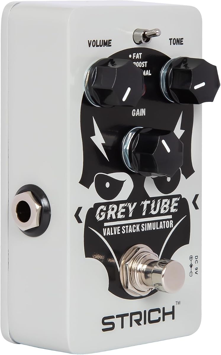 GREY TUBE Distortion Pedal for Electric Guitar, True Bypass, White | Fat, Boost and Normal; classic crunch for 80s metal/nu metal