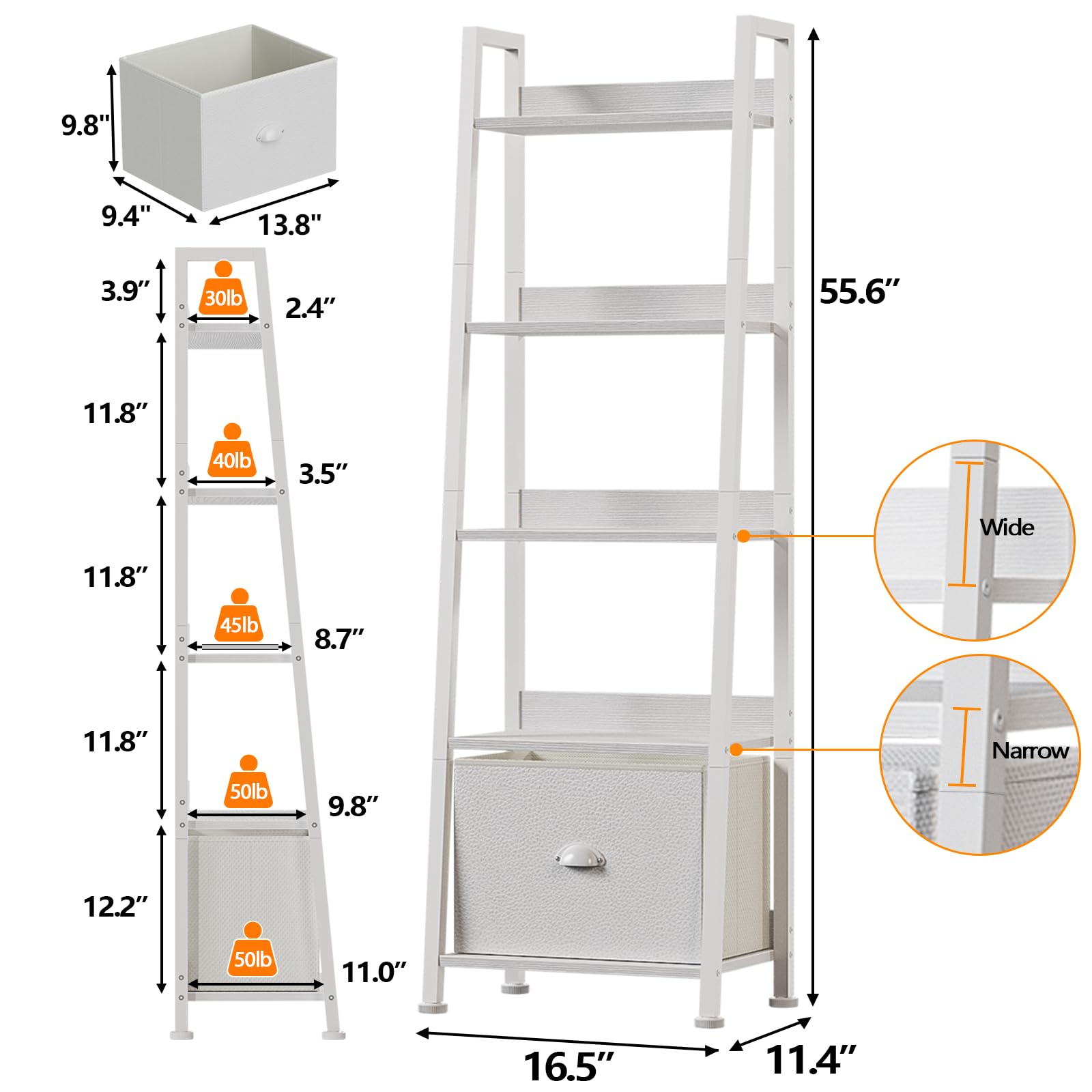 Furologee Scaffale A Scala 5 Livelli Con Ganci – Libreria Stretta Angolare In Stile Industriale, Marrone Rustico, 130 Cm