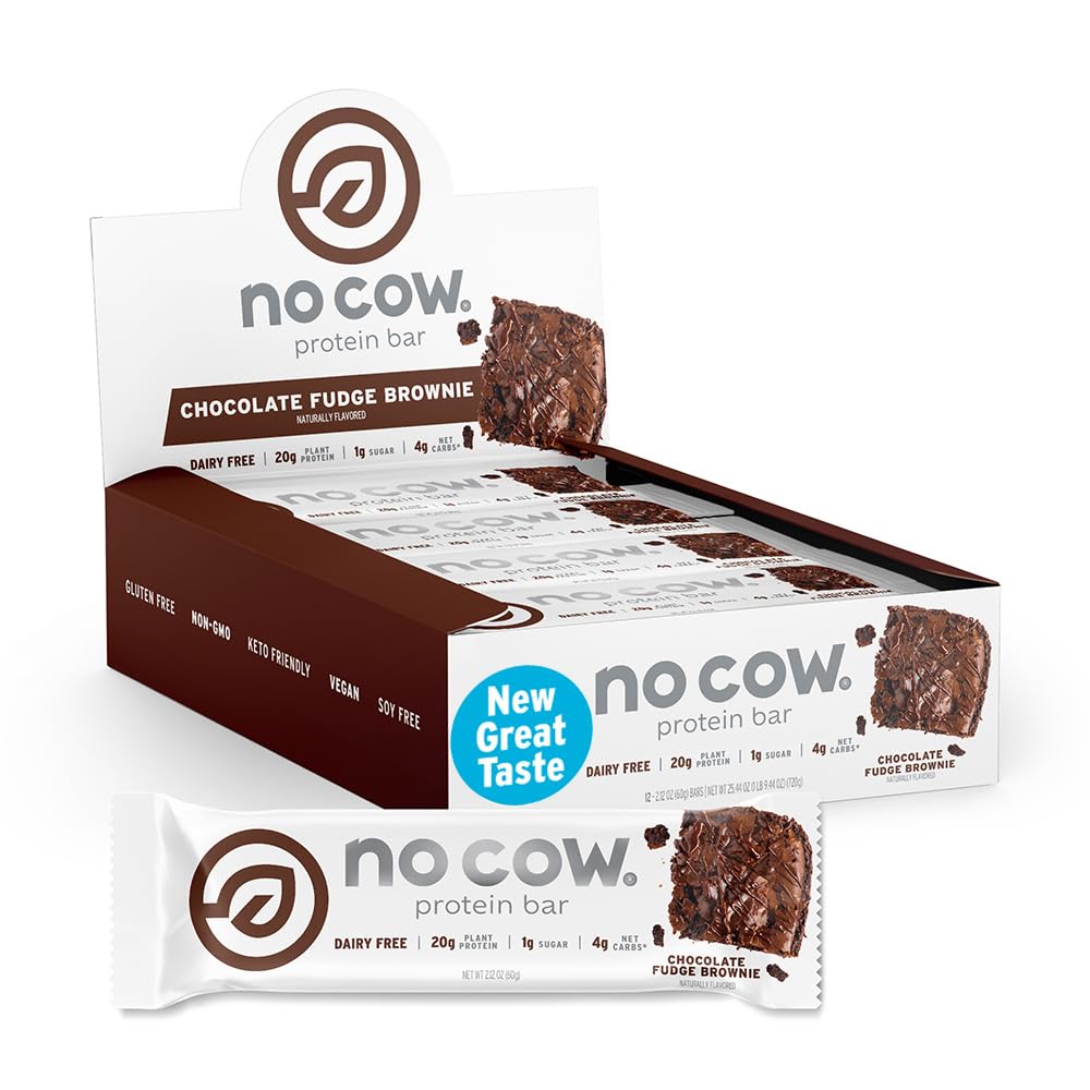 No Cow Vegan Protein Bars, Upgraded Chocolate Fudge Brownie | 20g Plant Based Protein, Gluten Free, Dairy Free, Soy Free, Keto Friendly, Low Sugar, High Fiber Snack Bars | Pack of 12