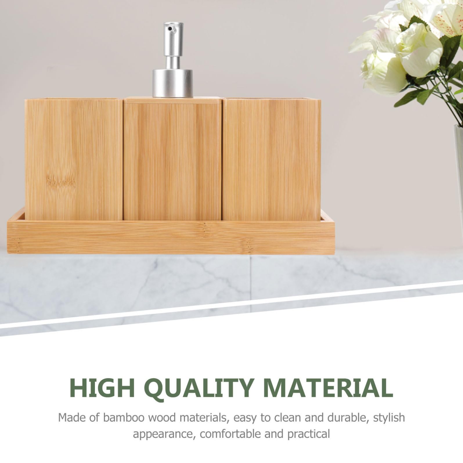 Set Accessori Bagno in Bamboo e Legno, 4 Pezzi Marrone | Ceramica e Argento, Organizzatore per Lavabo, Look Elegante per Casa e Bagno Ospiti