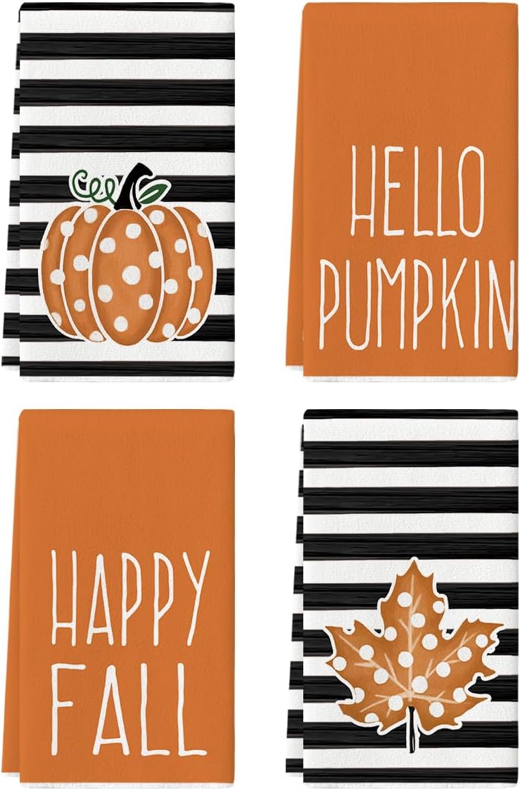Artoid Mode Stripes Polka Dot Hello Pumpkin Fall Kitchen Towels Dish Towels, 18×26 Inch Farmhou...