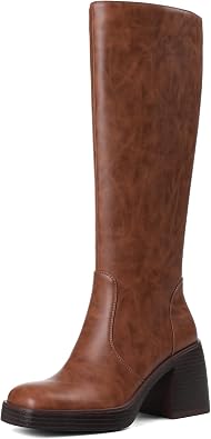 Womens Knee High Platform Boots with Chunky Heel, Square Toe, Wide Calf | Faux Leather Tall Boots with Side Zipper, Block Heel for Fall, Dress, Party, Work, Everyday Wear