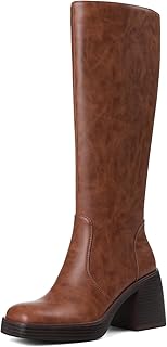 Womens Knee High Platform Boots with Chunky Heel, Square Toe, Wide Calf