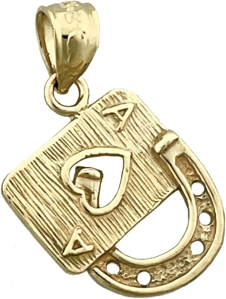 14K Solid Gold Ace Of Hearts Lucky Horseshoe Charm