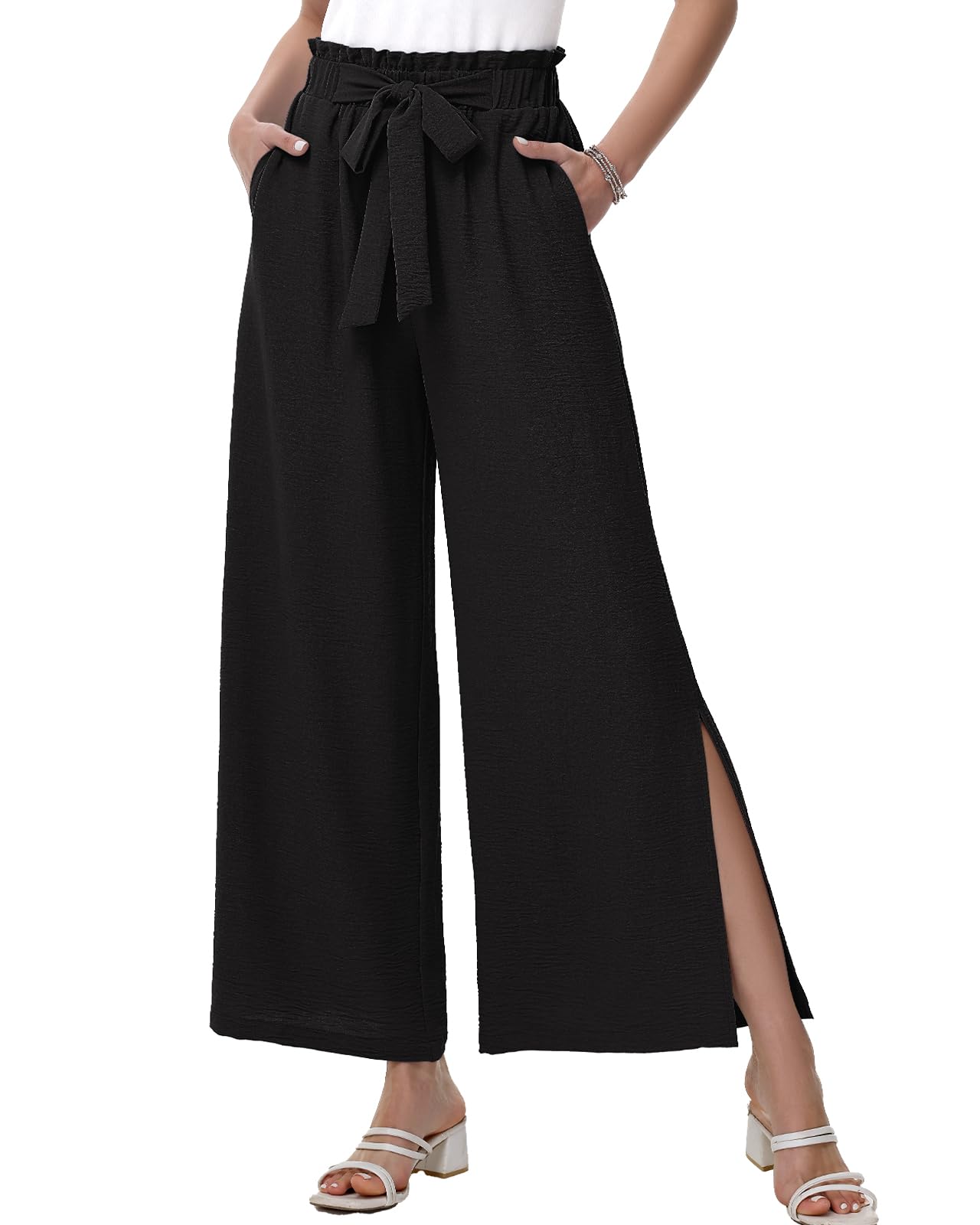 HMIYA Weite Hosen Damen Lässig Elegant Palazzo Hose Leichte Hohe Taille Sommerhose mit Taschen