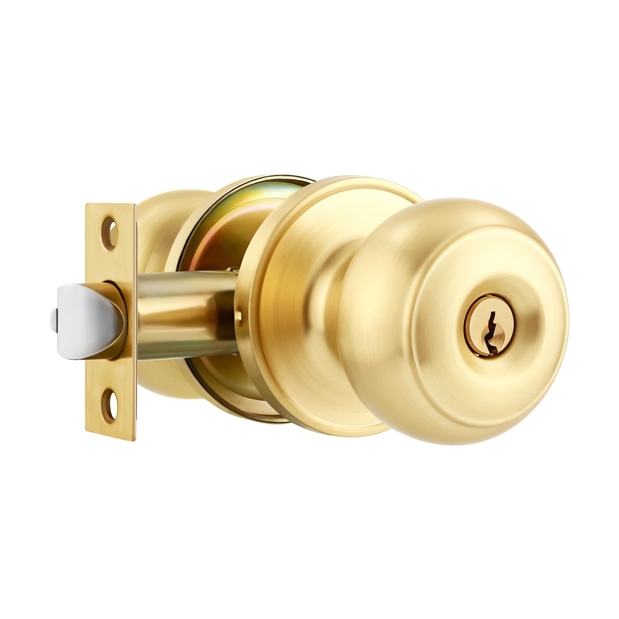 Heittis 1 Pack Gold Ball Door Knob, Satin Brass Round Front Door Handle Gold Entry Door Lock for Right or Left Handed Doors
