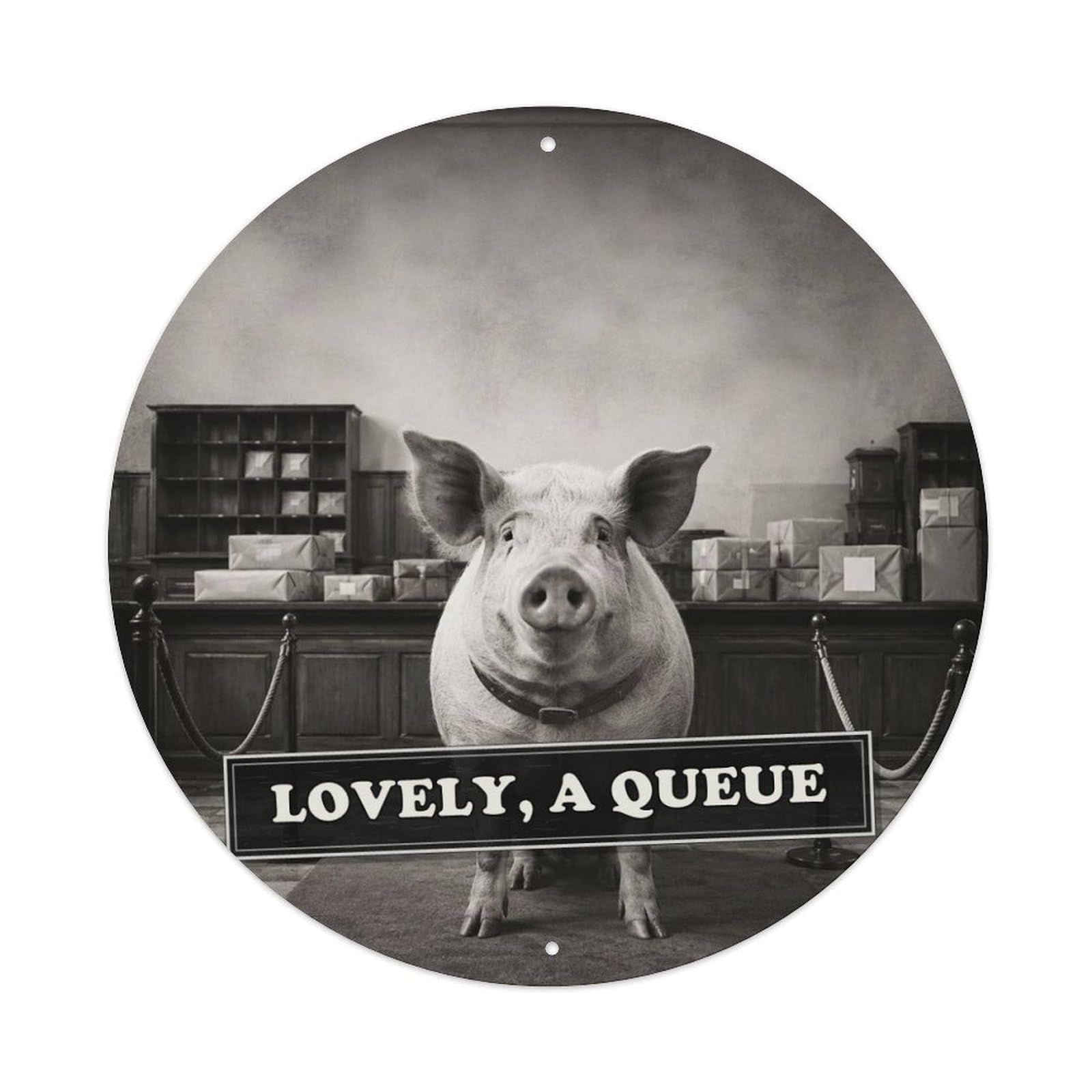 Animal Pig Postal Comic Farm Anthropomorphic Absurd Humor Classic Metal Tin Sign Plaque Wall Decor for Cafe, Man Cave, Club Bar, Office, Home Garden Round Metal Poster 8x8Inch