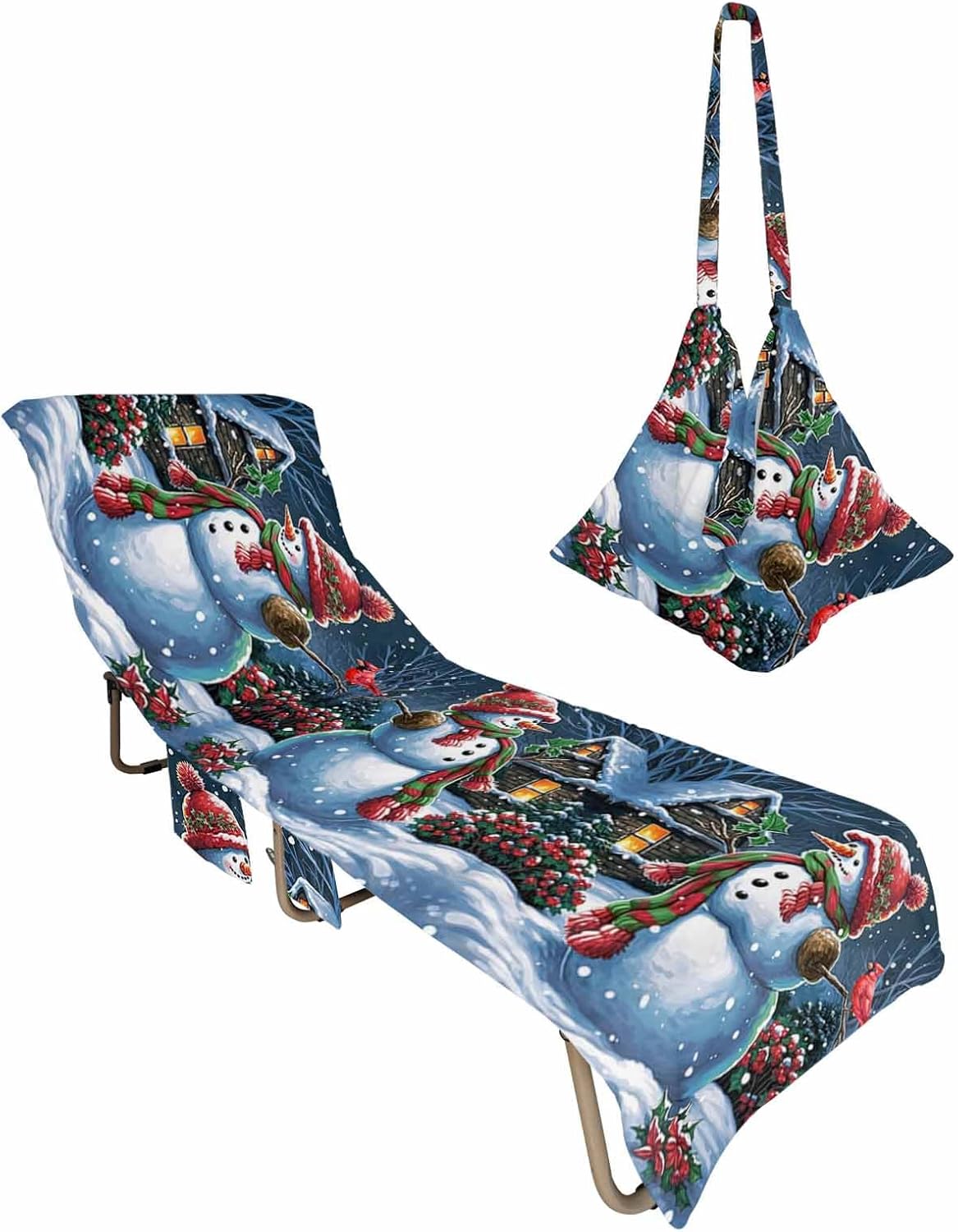 Christmas Snowman Beach Pool Patio Lounge Chaise Chair Cover Towel with Pockets,Absorbent & Quick Dry Microfiber Towel Cover Bag Summer Travel Accessories for Sunbathing Winter Snowflake Red Bird