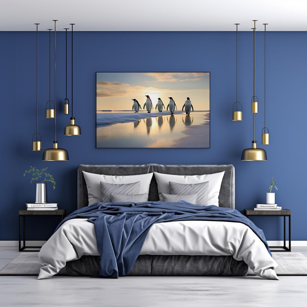 Canvas for Living room. Penguin Parade at Sunset: A Symphony of Ice, Light, and Serenity, 27 x 18 inch Canvas Wall Art - Modern Home Decor - 91x61 cm (36x24 inch)