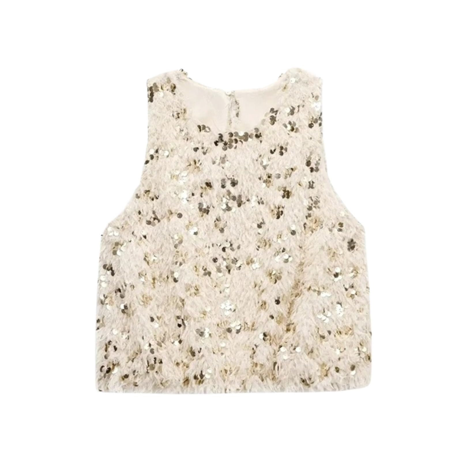 Womens Sequnied Feather Vest Cropped Tank Top Elegant Vest Top Fashion Casual Sleeveless Short Beige Tops