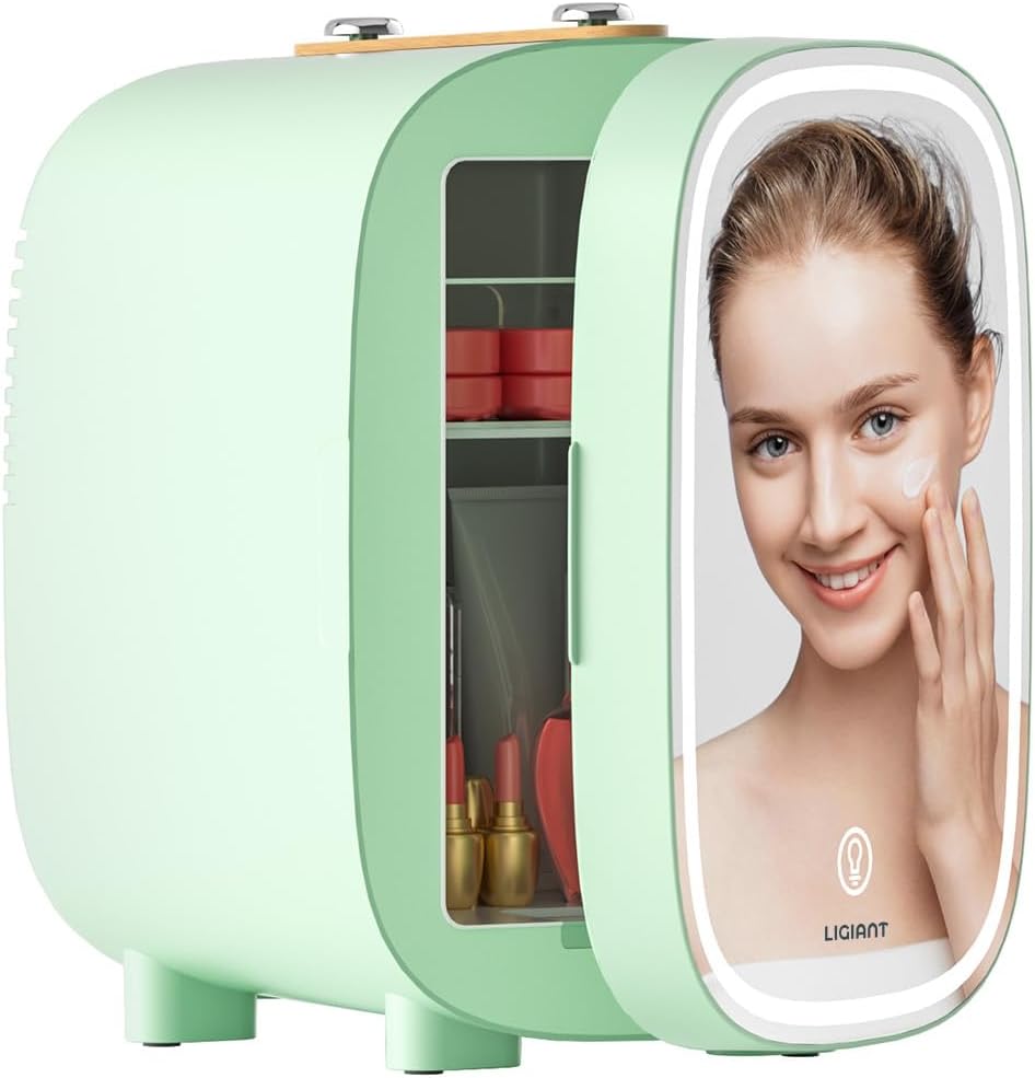 Skincare Fridge, With 3-Level Dimmable LED Light Mirror, Low Noise Mini Fridge, 4L Large Capacity, Cooler & Warmer, Portable Design for Multiple Uses - Bedroom, Office, and Travel B-Green