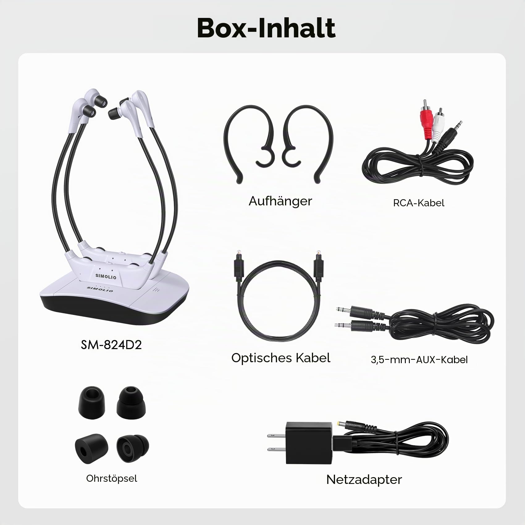 SIMOLIO Dual 2.4GHz Digitale TV Hörsystem, Kabelloser Kopfhörer für Fernseher & Musikanlagen mit ErsatzAkku, Funkkopfhörer für Senioren, Kinnkopfhörer, Optisch, RCA, AUX, TV Hörverstärker SM-824D2