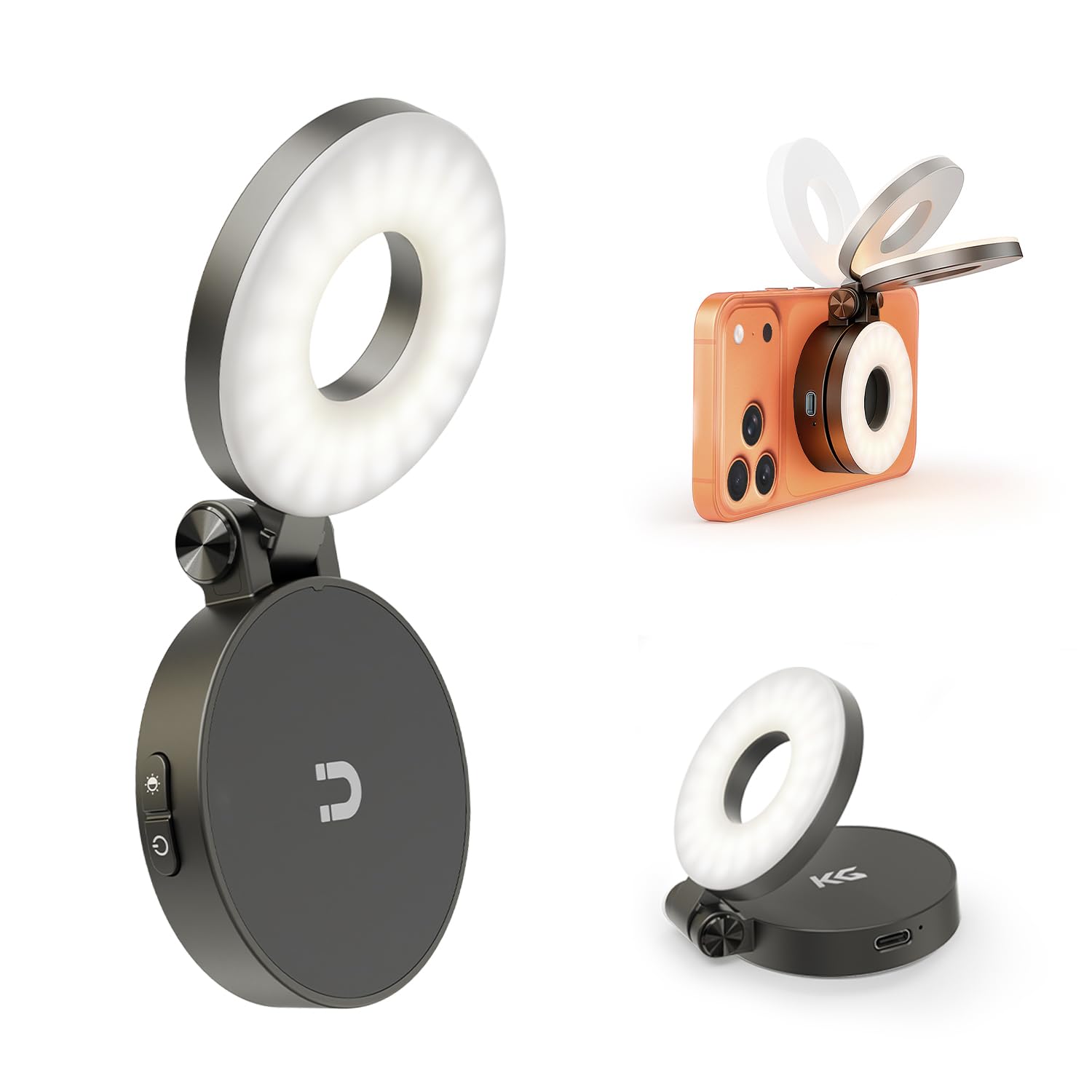 KraftGeek Magnetic Selfie Light for iPhone, Portable Phone Ring Light with Rechargeable Battery, Lightweight LED Phone Light for Travel, Video Recording, Vlogging (Black)