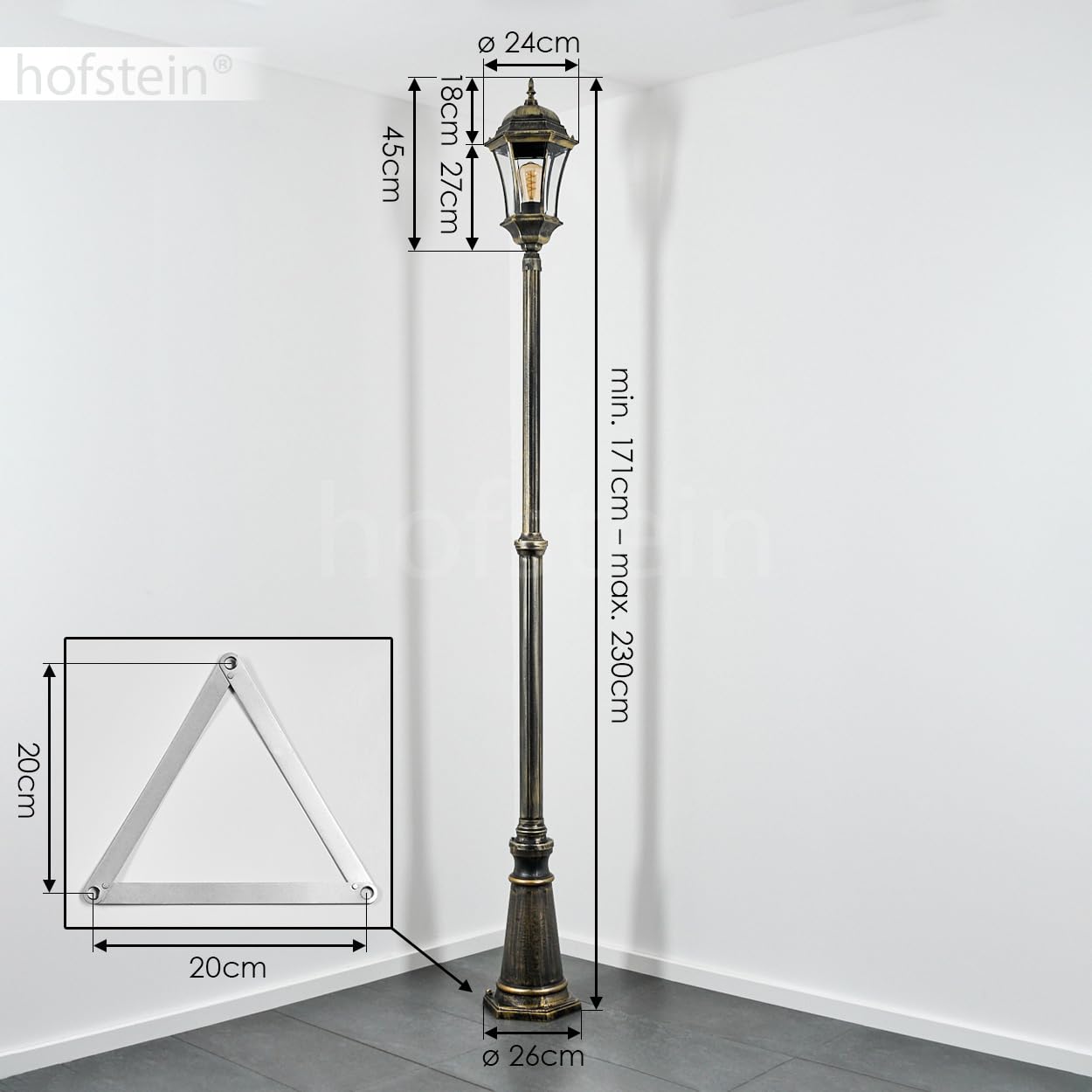 Etoe lampa drogowa zewnętrzna z metalu/szkła w kolorze czarno-złotym/przezroczystym, kandelabr o antycznym wyglądzie, wysokość maks. 230 cm, oświetlenie ogrodu w stylu dworkowym, IP44, 1 x E27, bez