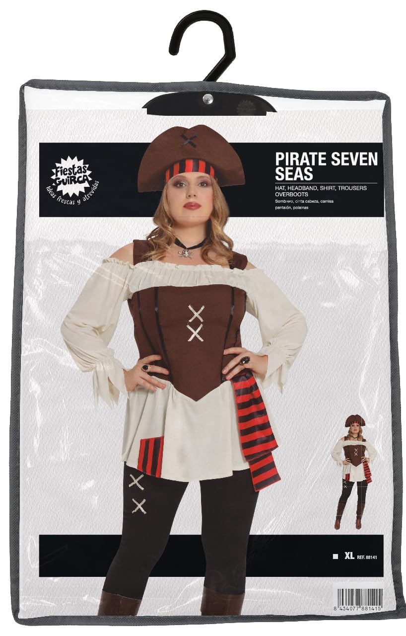 FIESTAS GUIRCA | Costume Pirata Sette Mari - Camicia, Gilet, Cappello, Cintura, Copristivali e Pantaloni per Adulti e Teen