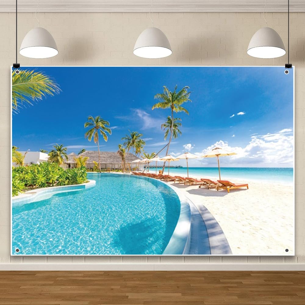 Amazon | Qinunipoto 海の背景 青い海背景布 1.5x1m ヤシの木 プール