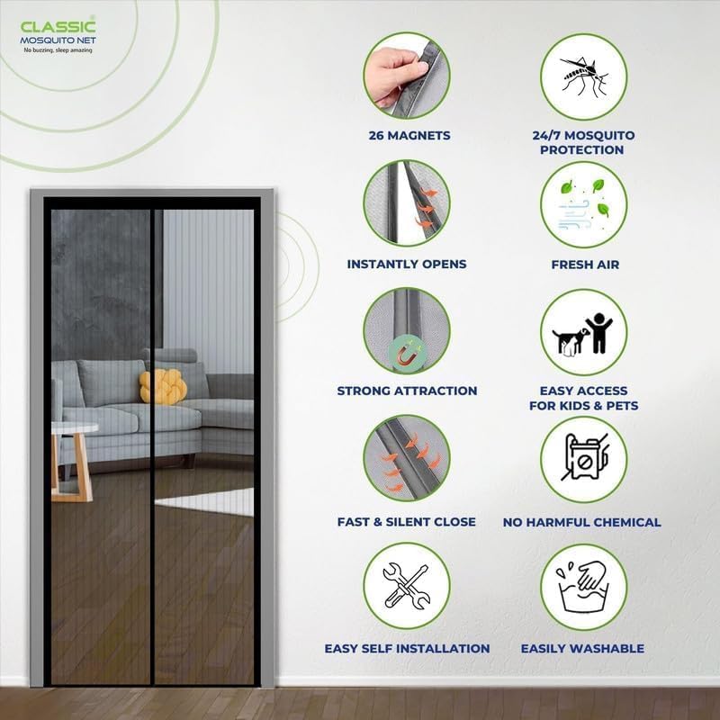 Image of Magnetic Mosquito Screen Door Net Curtain with Magnets Reinforced Polyester Mesh Curtain Back Door Mesh with Full Frame Hook & Loop
