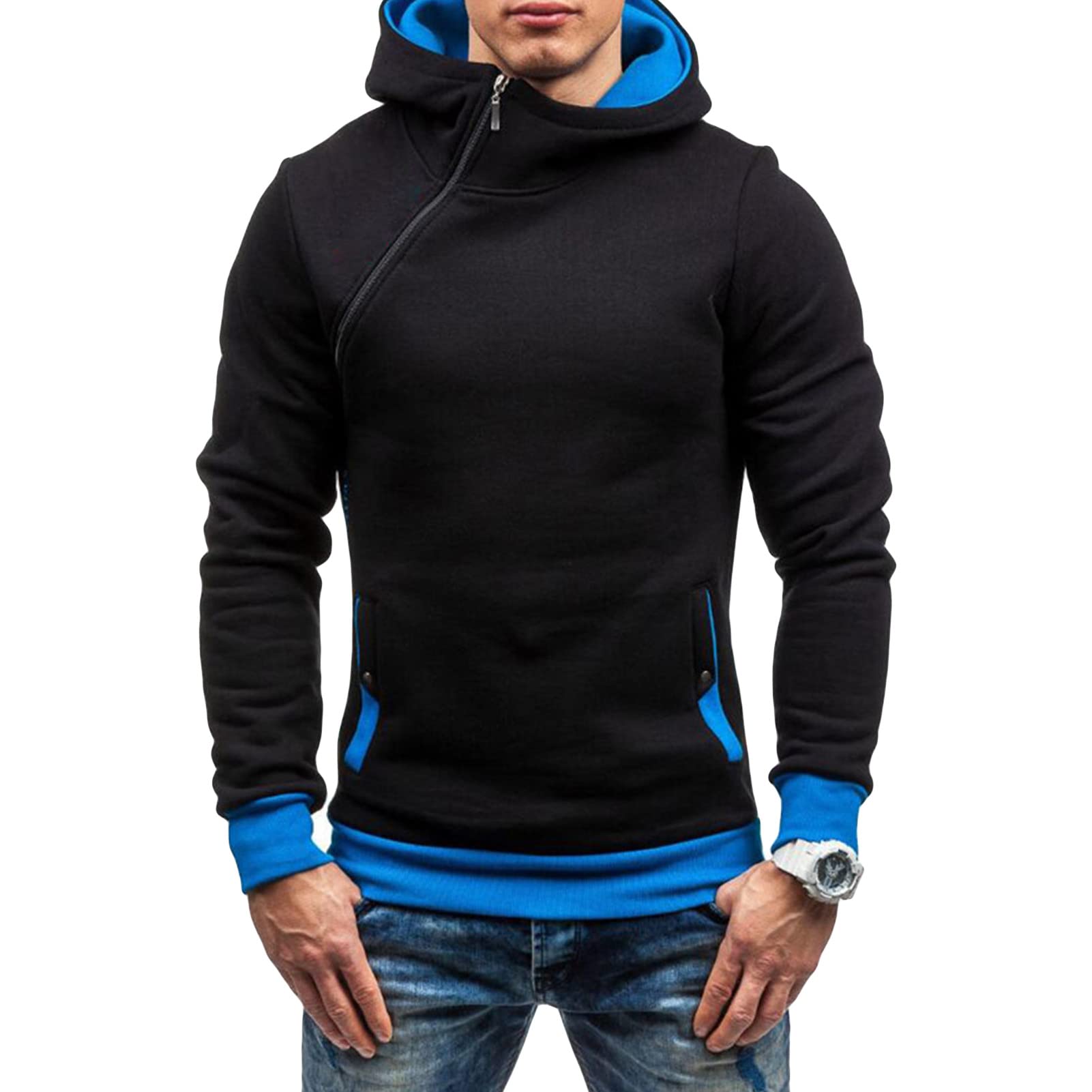 Maiyifu-GJ Men's Fleece Unique Zipper Hoodies Casual Slim Fit Lightweight Hoodie Solid Long Sleeve Active Hooded Sweatshirt (Black 3,X-Large)