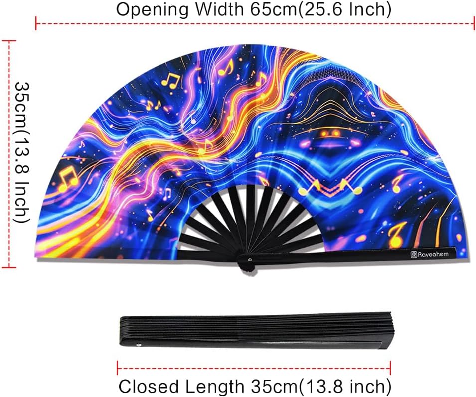 Large Folding Fan, 13 Inch Clack Rave Fan Hand Held Fan for Women Men with Premium Satin Fabric, Thick Bamboo Frame for EDM, Music Festival, Party, Dance, Decoration, Gift (Neon Pulse) image 4