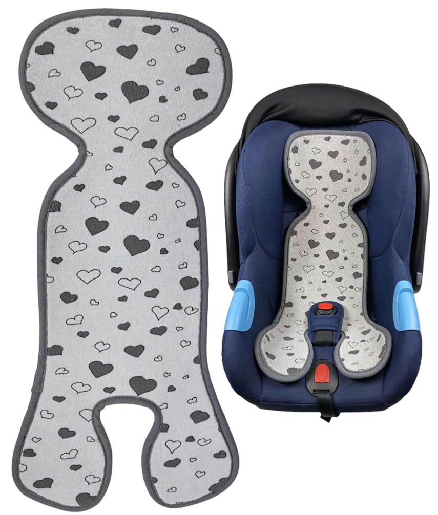 HECKBO Cuscino Estivo Antisudore per Passeggino – Gruppo 0 – Ovetto per Bambini – Materassino Grigio con Cuori – Unisex Bambina/Bambino