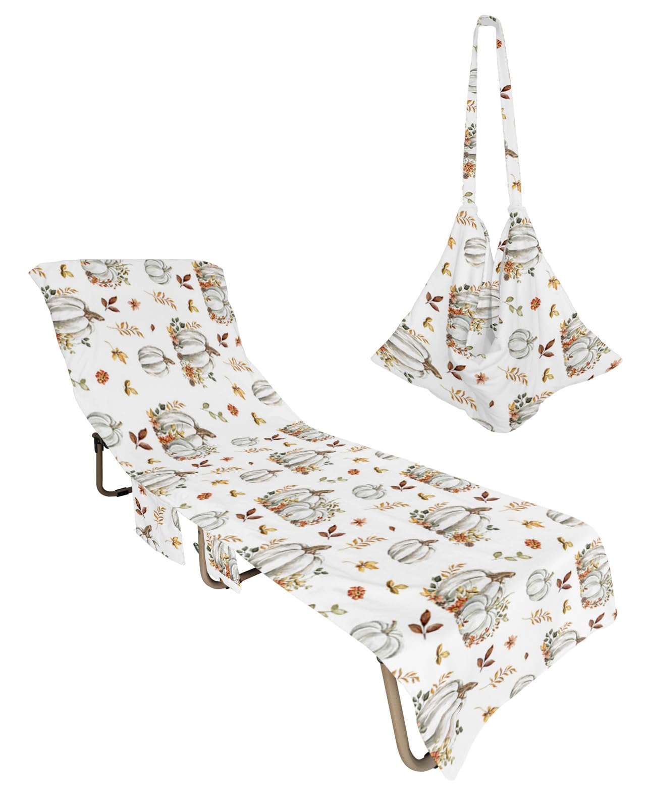 White Pumpkin Beach Chair Towel Covers for Chaise Lounge with Side Pocket, Soft Plush Pool Towels Cover for Patio Sunbathing Outdoor 29''x85'' Fall Thanksgiving Day Maple Leaves