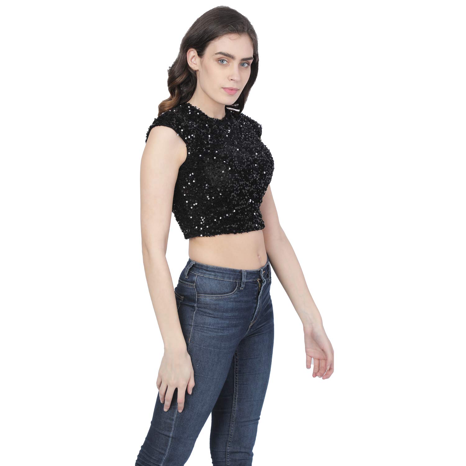 Matelco Women's Embellished Sequins Bustier Top/Crop Top with Back Zip (X-Small, Black) - Image 4 thumbnail