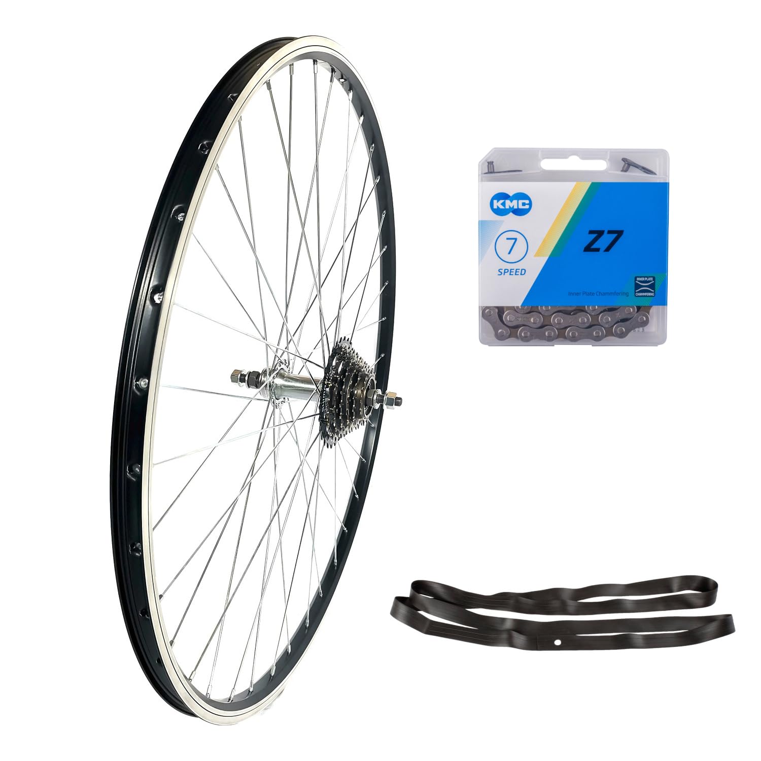 28 Zoll Hinterrad, Aluminium Hohlkammerfelge Geöst 36 Speichen, 7-Fach Schraubkranz 14-28 Zähne, mit Z7 Kette 114 Glieder, Schwarz-Silber