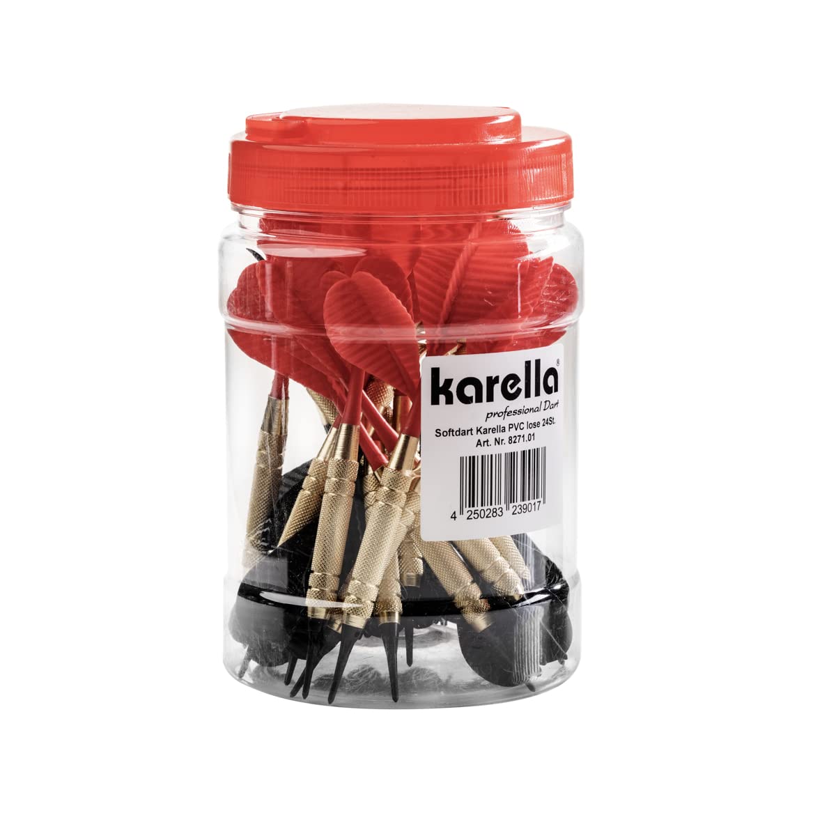 Großbox mit 24 Softdarts – Messingbarrel, 2BA Gewinde, 17 g, rot/schwarz, inkl. Shaft und PVC Flights