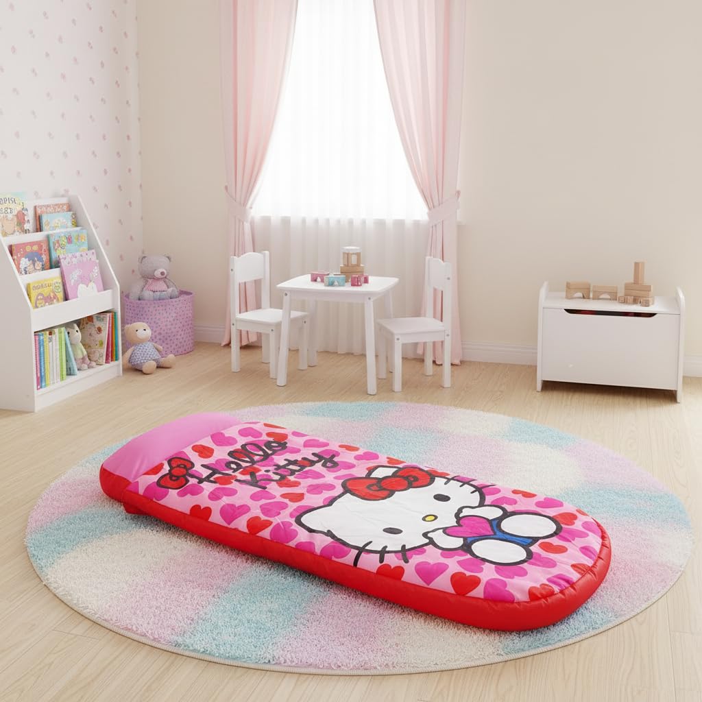 Character World Hello Kitty ReadyBed - Letto gonfiabile per bambini, sacco a pelo con pompa, materasso da viaggio per ragazze, per pigiama party, campeggio o uso domestico
