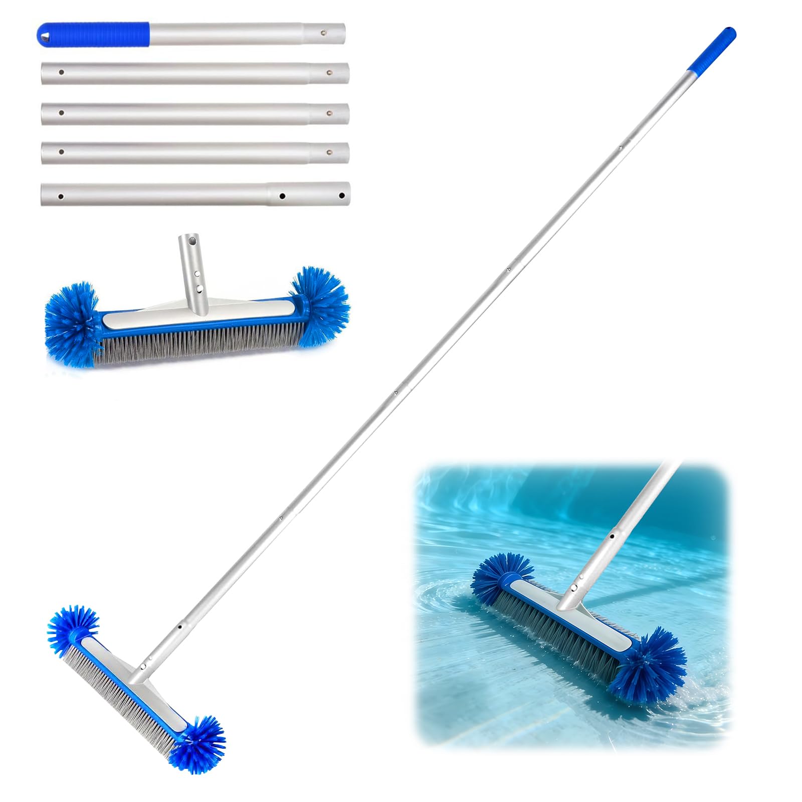 Brosse Piscine Ronde Nettoyage avec Tige Télescopique Tête Détachable Poils Robustes Fond Parois