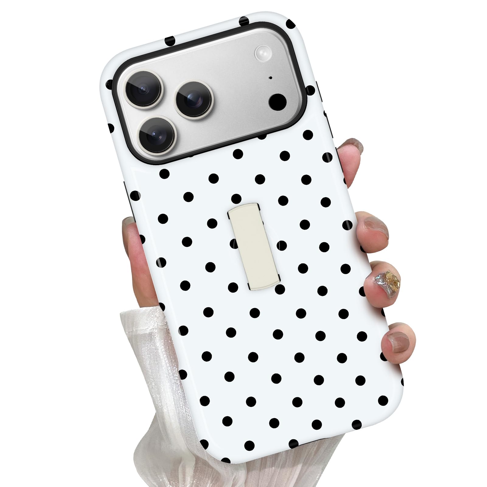 KANGHAR Custodia a pois per iPhone 17 Pro Max con supporto a strappo nascosto - Cover ibrida 2 in 1, sottile, antiurto, compatibile con MagSafe, protezione obiettivo fotocamera, unisex quotidiano