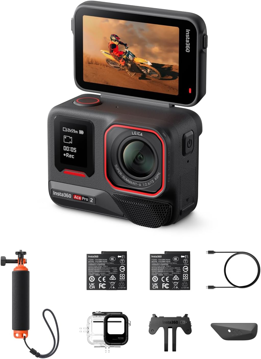 Insta360 Ace Pro 2 Dive Bundle -8K Waterproof Action Camera Co-Engineered with Leica, 1/1.3" Sensor, Dual AI Chip, Leading Low Light, Superior Audio, Flip Screen & AI Editing for Vlogs, Motorcycling