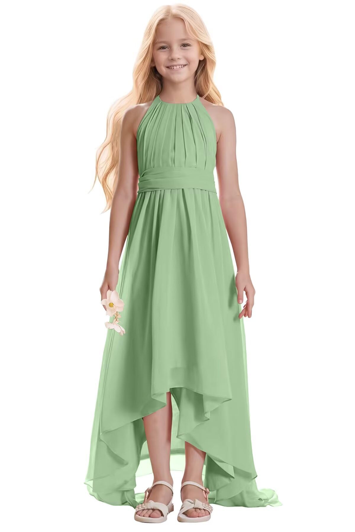 UCAZEUO Halter Girls Junior Bridesmaid Dresses Long Chiffon High Low Flower Girls Dresses for Wedding Party