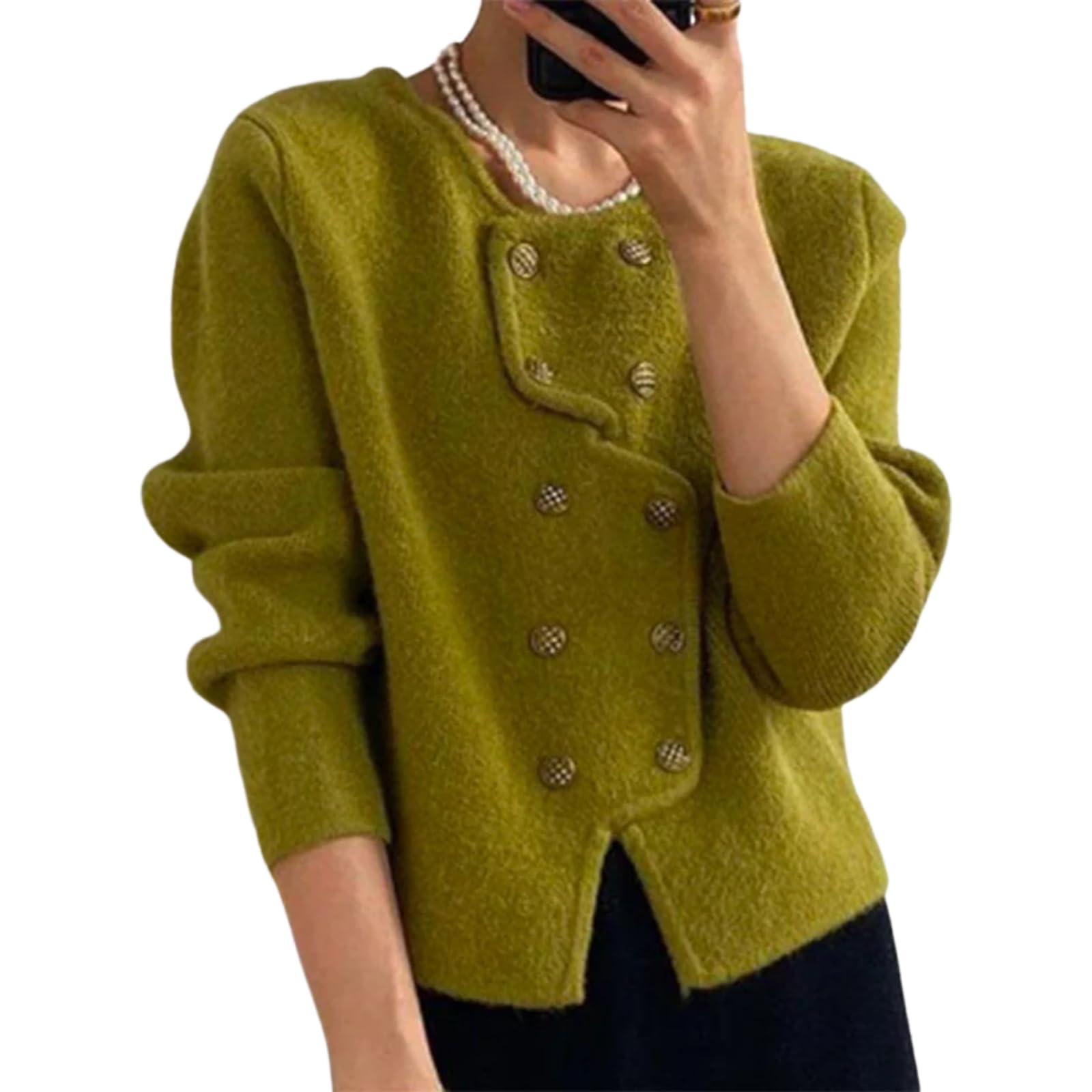 Womens Cardigan Sweaters 2025 Fall Crewneck Long Sleeve Knit Open Front Double Breasted Short Coat Jacket
