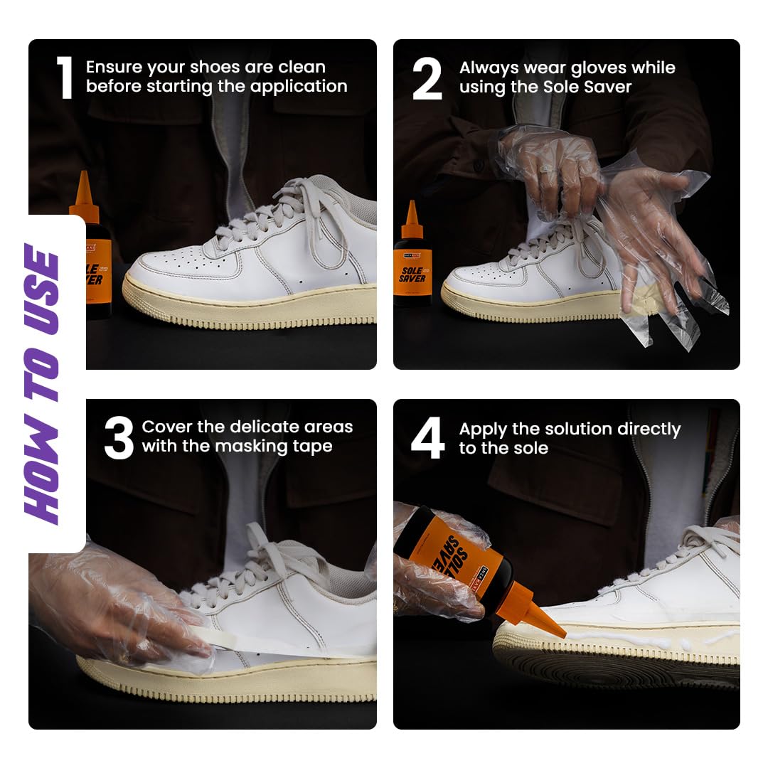 SNEAKARE 100ml Shoe Cleaner & Yellow Stain Remover for Shoes - Sneakers Sole Saver with Brush, Gloves & Tape - Clean Sneakers Sole, Dirty Shoes Cleaner 4