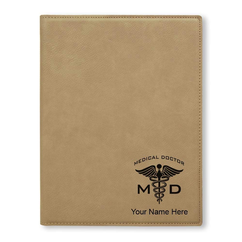 Small 7" X 9" Portfolio Notepad, MD Medical Doctor, Personalized Engraving Included (Light Brown)