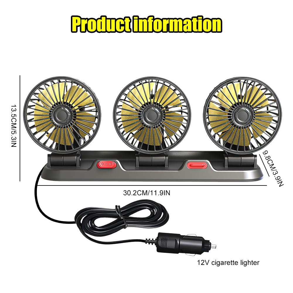 Ventilateur de Voiture 12V, Ventilateur Auto, Ventilateur Voiture, Ventilateur électrique Automobile à Trois Têtes, 2 Vitesses Rotatif à 360 °ventilateur de Véhicule, Avec Prise Allume-Cigare