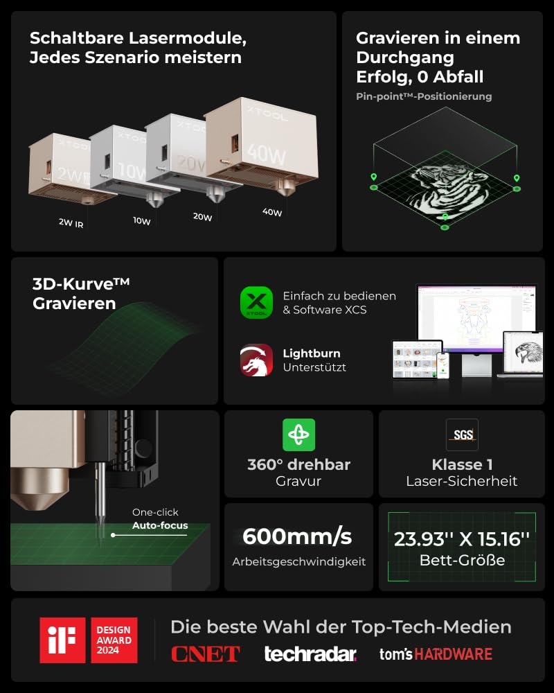 xTool S1 40W Incisore Laser Basic Kit con Aisst Aria Intelligente e Pannello a Nido d'Ape, Velocità 600 mm/s, Fuoco Automatico, Blocco Fumo, 498 * 330mm per Metallo, Legno, Acrilico, Tumbler (Nero)