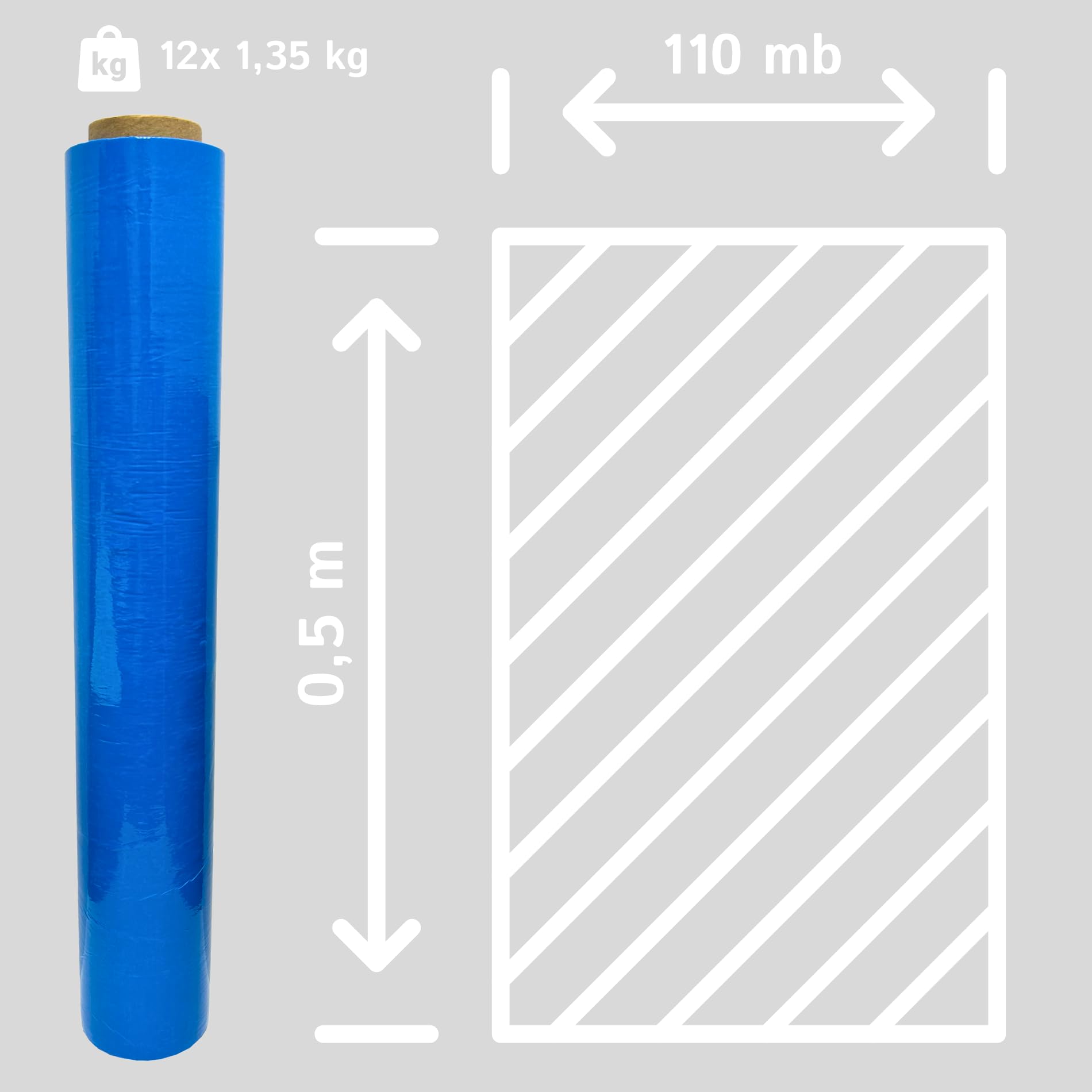 Langlebige Stretchfolie Blau 50 cm Breit - 12 Stück Starke Folie für den Lagereinsatz - Verpackungsmaterial 110 m - Verpackungsfolie für Umzugskartons - Strechfolienrolle - Wickelfolie