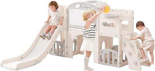 Miniatura 8 de Set de juego de 12 en 1 para niños pequeños al aire libre con tobogán, parque infantil para niños pequeños y juego de columpios, juego de escalador