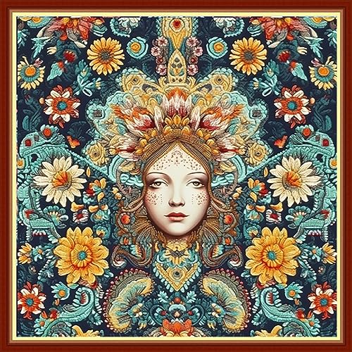 Image of Foxhool Beginners Cross Stitch Kits Stamped Full Range of Embroidery Kits for Adults DIY Cross Stitches kit Embroidery Patterns for Needlepoint kit-Queen of Colorful Flowers 17.7x17.7 inch