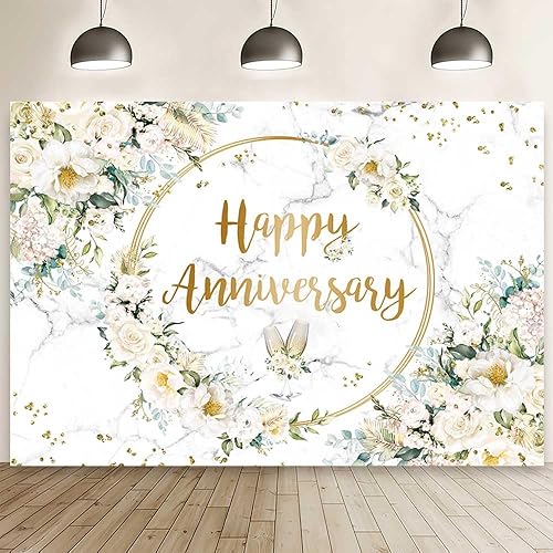 MEHOFOND Telón de fondo de feliz aniversario de 8 x 6 pies con diseño floral blanco para fotografía de aniversario de boda, diseño geométrico de