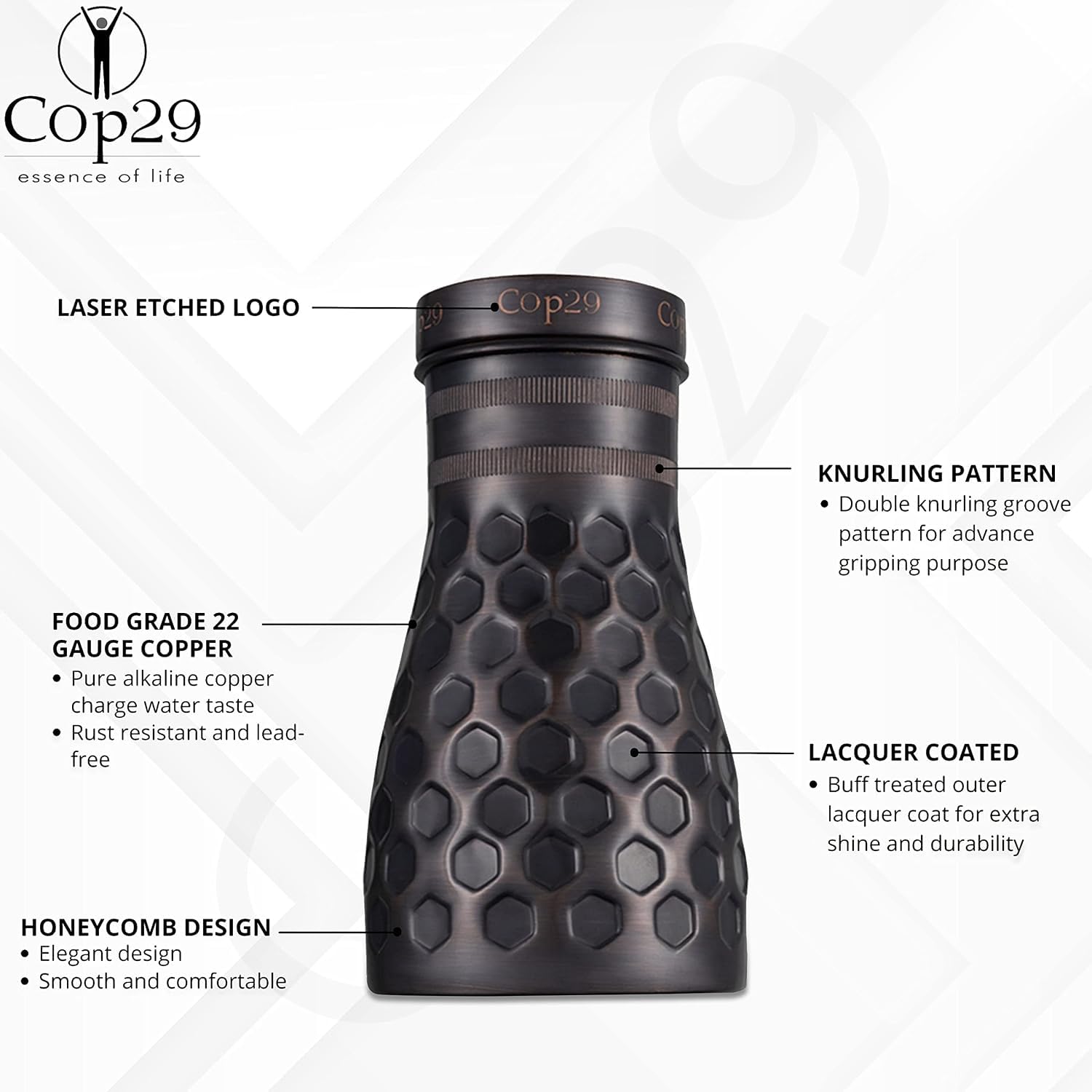 Cop29 Dolny - Botella de agua hecha a mano con diseño de panal antiguo de cobre para dormitorio, jarra con tapa, jarra de agua para mesita de noche (uso en interiores con tapa suelta) – 1000 ml/34oz