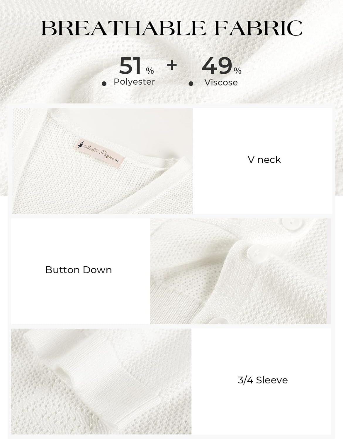 Belle Poque Womens Summer Cropped Cardigan Sweaters Lightweight Crochet Bolero Shrugs 3/4 Sleeve Button Down V Neck Cardigans - Image 5