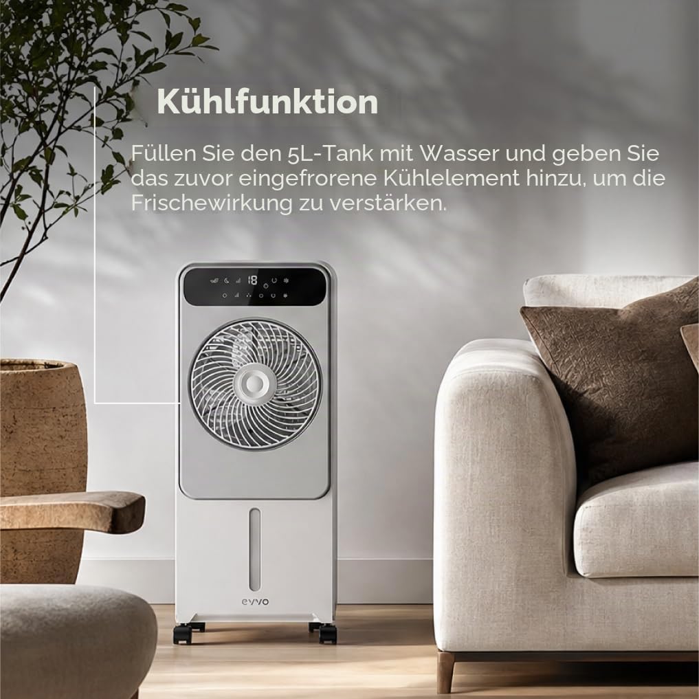 EVVO AC950 Luftkühler und Luftkühler, tragbar, Kaltluft, ohne Installation, 12 Geschwindigkeiten, Kaltfunktion mit Wasser und Eis, LED-Panel, Fernbedienung, leiser Turmventilator