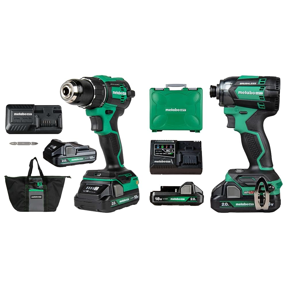 Bundle of Metabo HPT 18V MultiVolt™ Cordless Driver Drill Kit | DS18DEX + Metabo HPT 18V MultiVolt™ Cordless Triple Hammer BOLT Impact Driver Kit | WH18DC