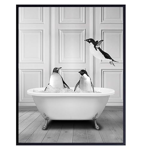 Cute Penguin Bathroom Wall Art LARGE 11x14 - Funny Black Bathroom Decor - Unique Bathroom Wall Decor - Guest Bathroom Art - Powder room Wall Art -